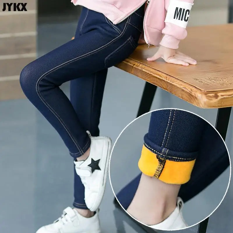 Pantalones para niños, ropa de invierno, nuevos vaqueros gruesos para niñas de mediana edad, estilo coreano, elásticos y de cachemira.