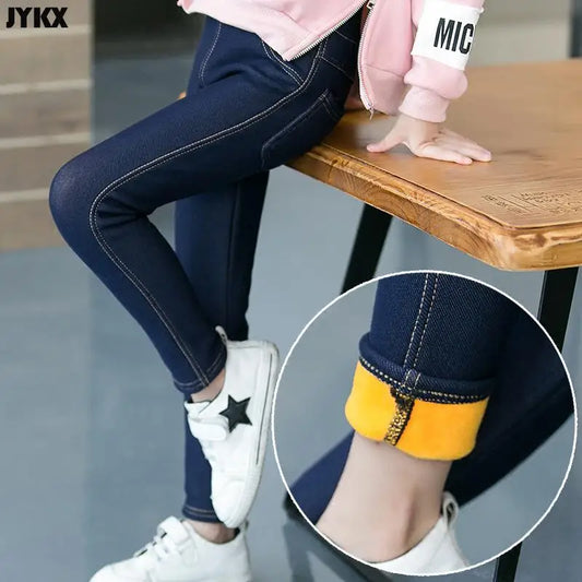 Pantalones para niños, ropa de invierno, nuevos vaqueros gruesos para niñas de mediana edad, estilo coreano, elásticos y de cachemira.