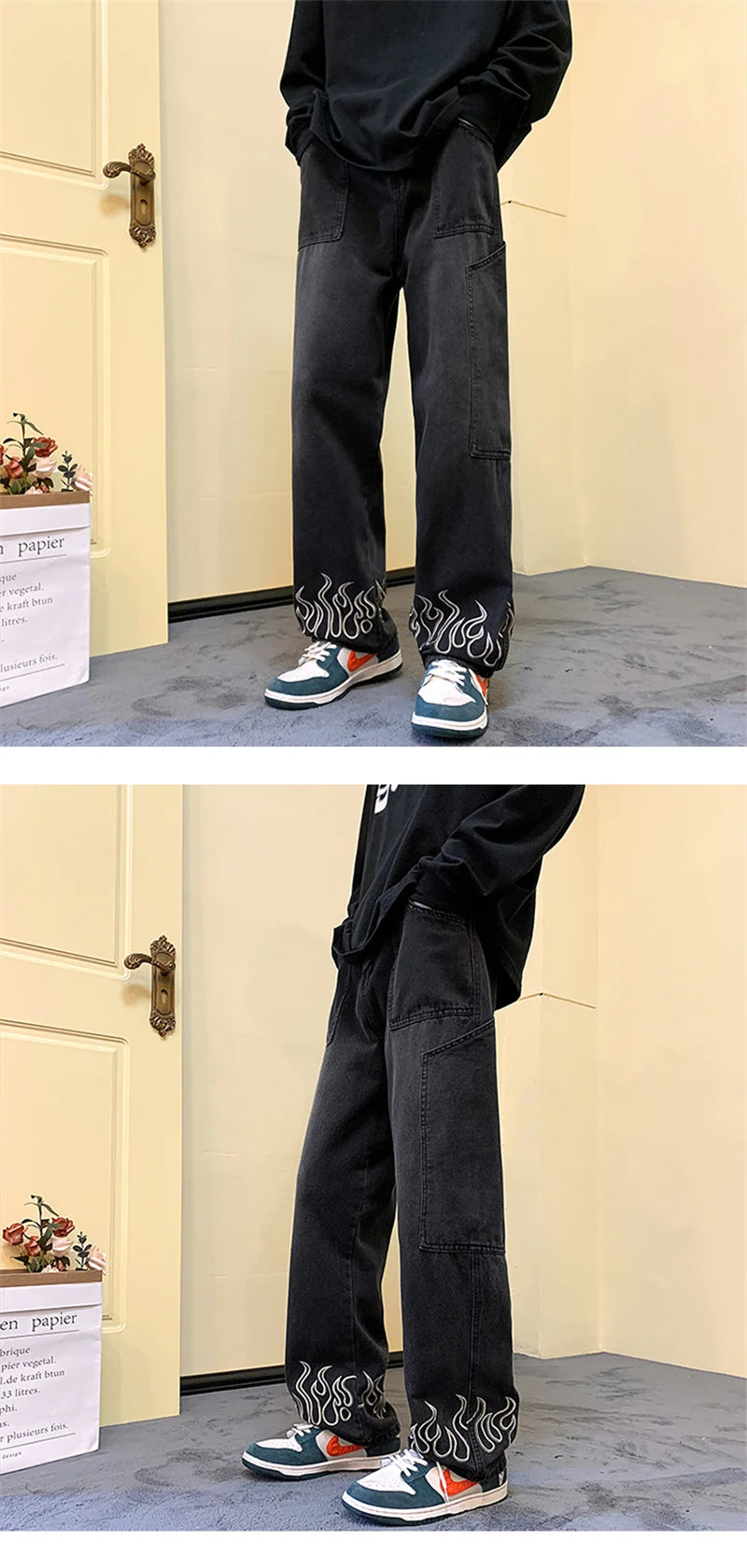 Pantalones vaqueros vintage con estampado de llamas Y2K para hombre, pantalones vaqueros holgados de pierna ancha, pantalones vaqueros rectos de moda hip hop 2025.