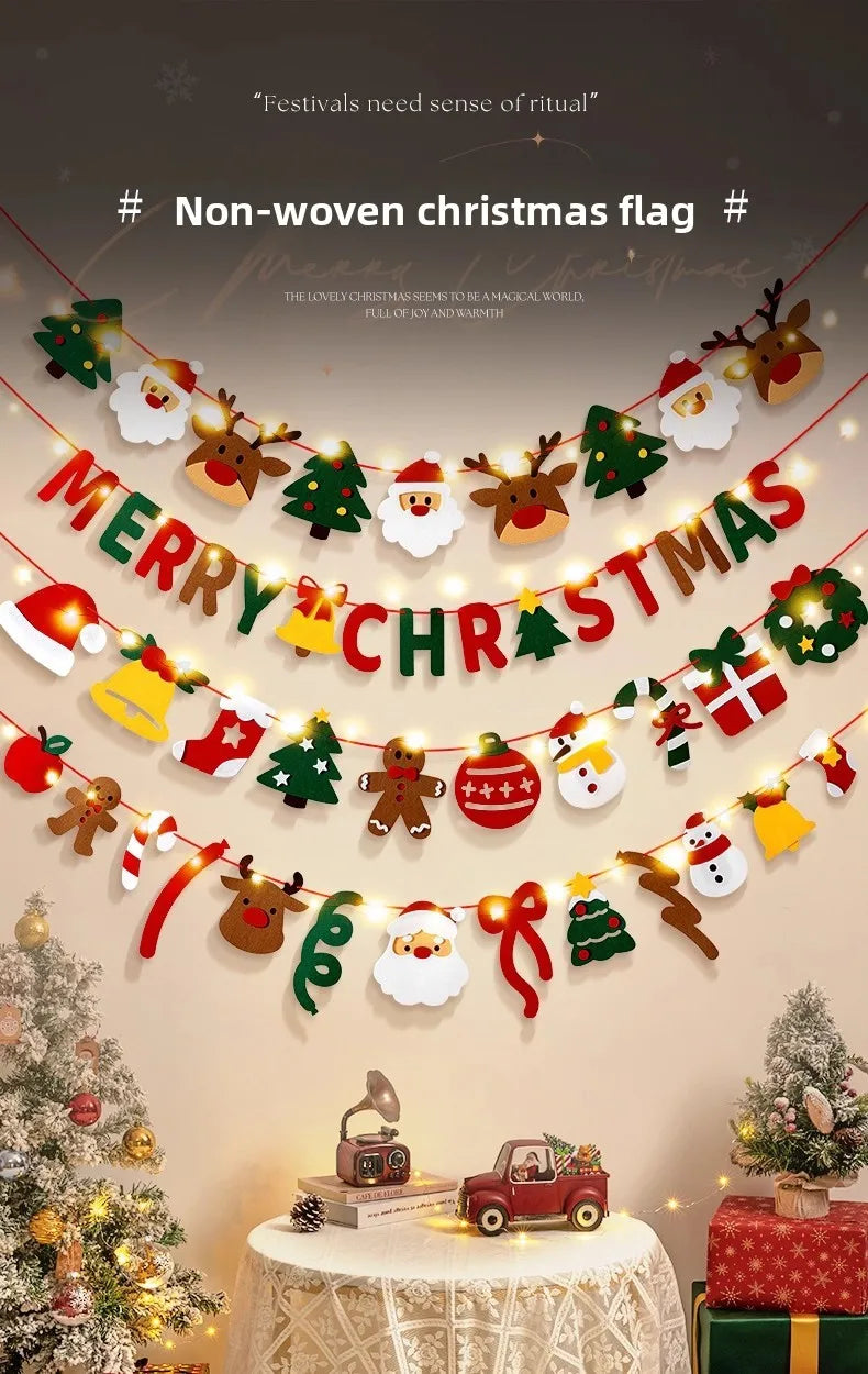 DIY Handmade Pull Flag Banner with LED Light String Merry Christmas Holiday Ornaments Home Room Background Christmas Decoration