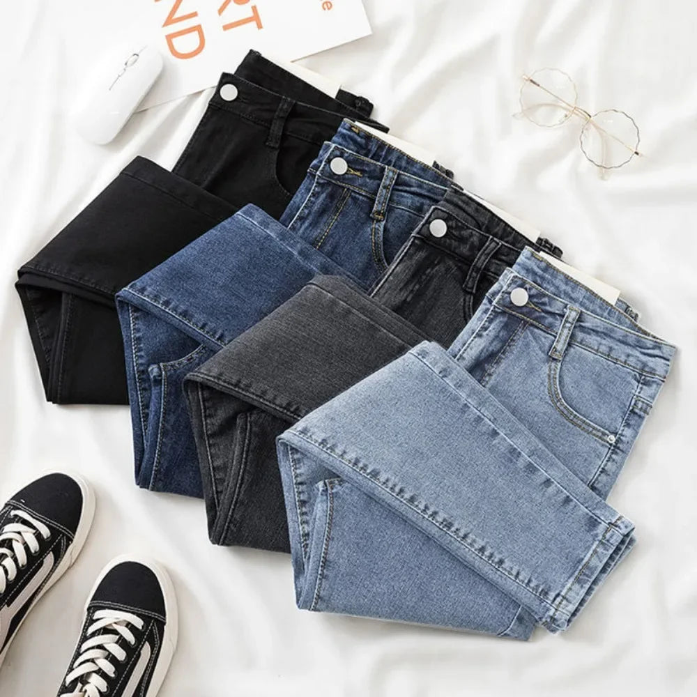 Pantalones vaqueros negros y grises para mujer, pantalones cortos adelgazantes, elegantes y versátiles, pantalones cortos para estudiantes, pantalones largos, corte entallado, silueta suavizante