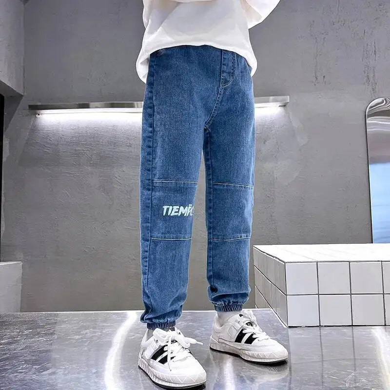 Pantalones vaqueros de primavera y otoño para niños de 4 a 6 años, de algodón con estampado y empalme elástico, pantalones vaqueros coreanos para adolescentes, ropa para niños nueva