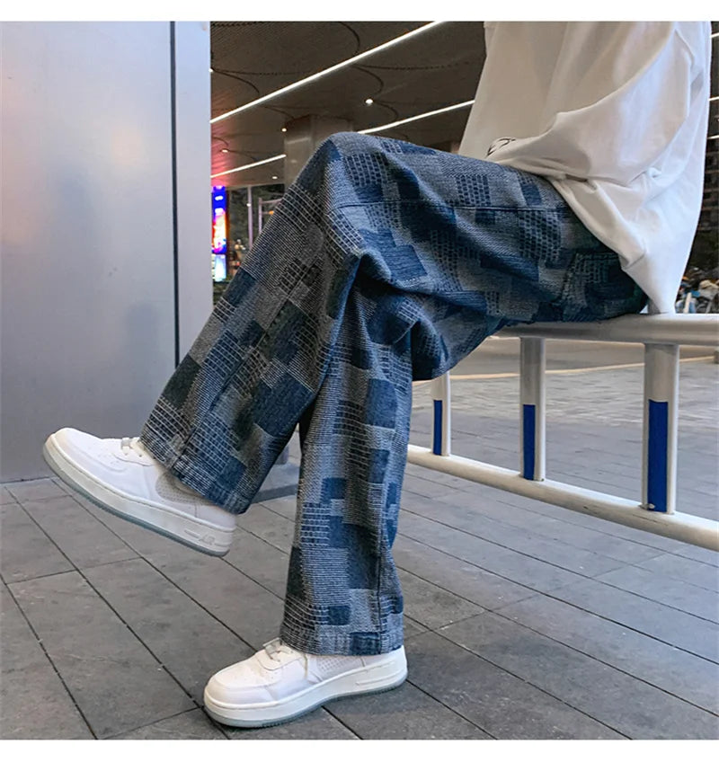 Autumn Blue Black Plaid Jeans For Men Y2K Vintage Wide-leg Jean High Street Loose Straight Denim Trousers Hip Hop Pantalones
