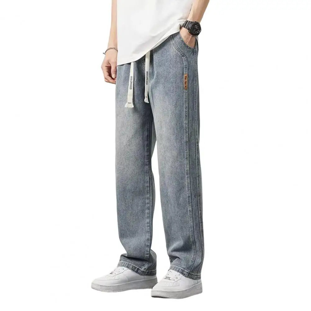Men Elasticated Waist Jeans Men's Elastic Waist Drawstring Denim Pants Casual Straight Leg Jeans with for Summer for Comfort