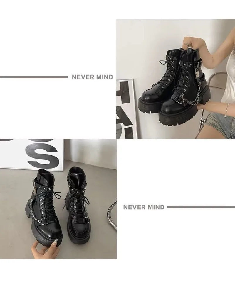 Botas de tobillo para mujer, botas de plataforma góticas de moda, botas cortas británicas, botas de moto para mujer, botas punk con remaches de diseñador, botas