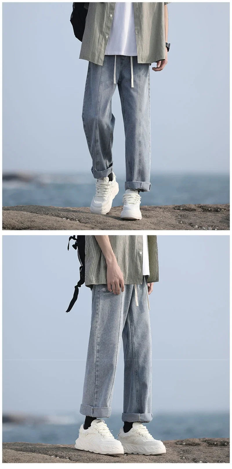 New Korean Fashion Baggy Jeans For Men Classic Drawstring Straight Denim Pants Y2K Vintage Jean Streetwear Wide-leg Trousers