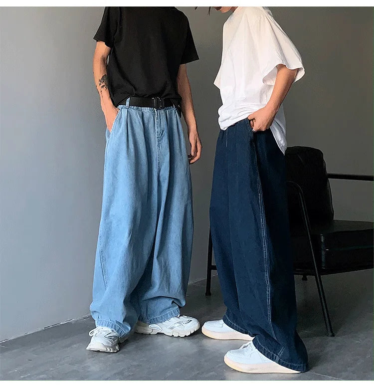 Pantalones vaqueros de pierna ancha para hombre, pantalones vaqueros largos, pantalones rectos, cintura elástica, bolsillo, sueltos, casuales, regulares, sólidos, empalmados, otoño e invierno.