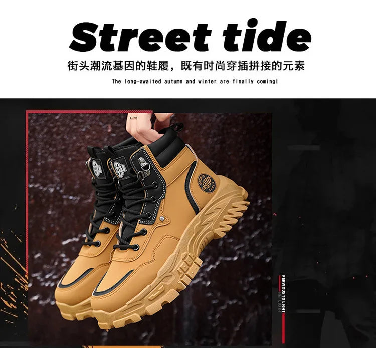 Botas de hombre de algodón, estilo británico, de caña alta, con refuerzos de PU, suela gruesa, cierre de cordones, cómodas y antideslizantes, ideales para deportes de montaña.