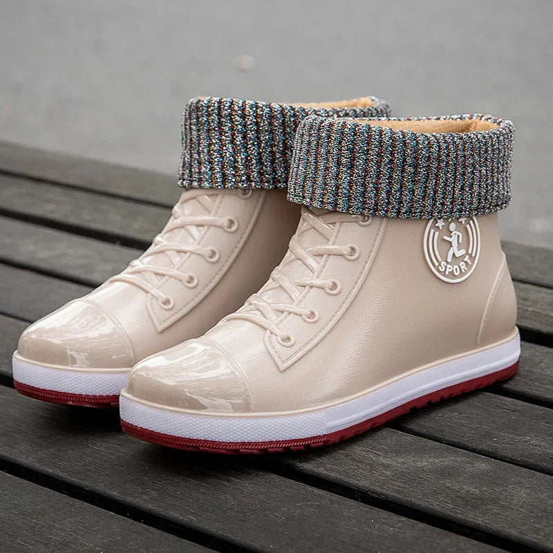 Women's Rain Boots Fashion Warm Cotton RubberShoes Ankle Rain Shoes for Women Waterproof Garden Galoshes Botas Lluvia Mujer