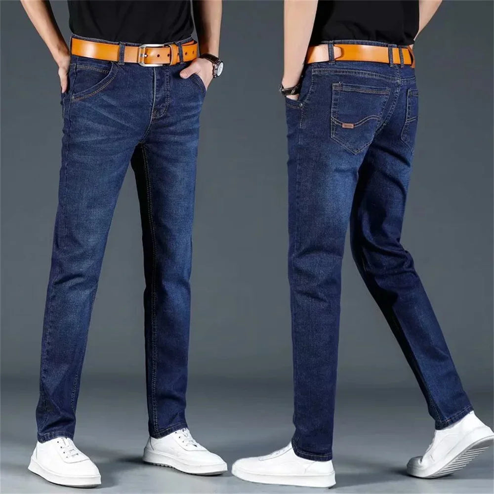 Pantalones vaqueros de invierno para hombre, de franela elástica, de alta calidad, informales, a la moda, Y2K