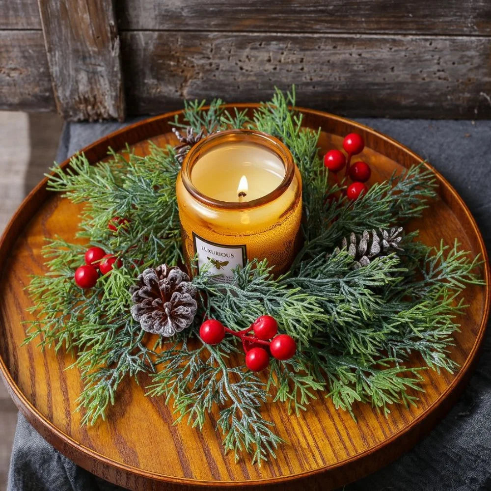 Christmas Wreath Artificial Berries Pinecone Pine Candlestick Wreaths Garland Candle Ring Table Home Party Decoration