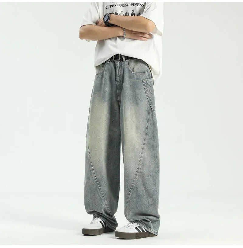 New Vintage Men‘s Patchwork Baggy Jeans Draped Straight-leg Denim Trousers Autumn Korean Fashion High Street Casual Y2K Jean