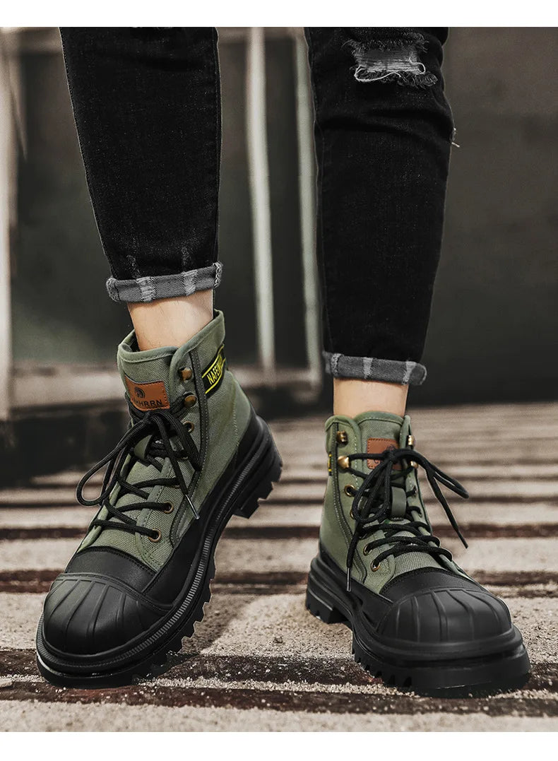 Botines de lona de caña alta para hombre, de diseño moderno, botas de trabajo para exteriores de alta calidad, botines de plataforma para motociclistas
