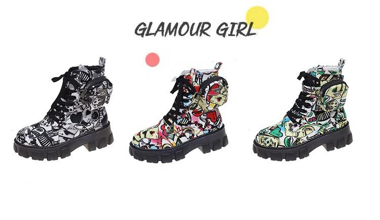 Thick-soled Women's Ankle Boots Fashion Printed Women Shoes High Quality Non-slip Motorcycle Boots New Gothic Style Women Boots