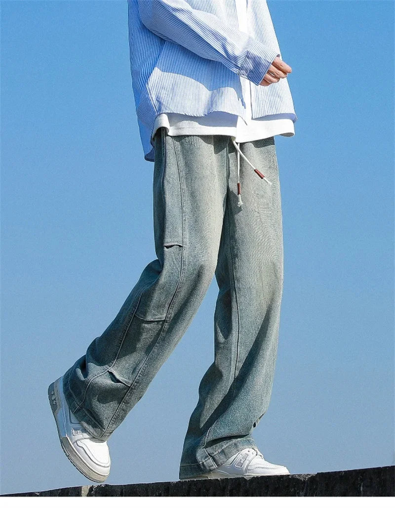 Autumn Distressed Drawstring Straight Jeans For Men High Street Baggy Patchwork Denim Pants 2024 New Hip Hop Fashion Y2K Jean
