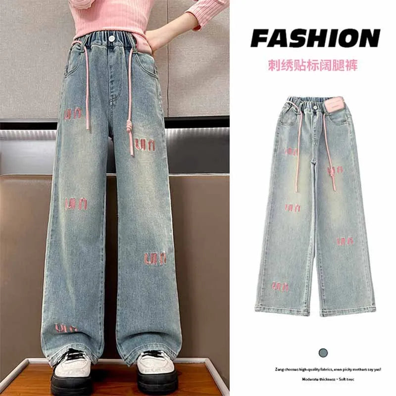Pantalones vaqueros con letras para niñas, pantalón holgado e informal, elástico, recto, para primavera y otoño, de 2 a 12 años