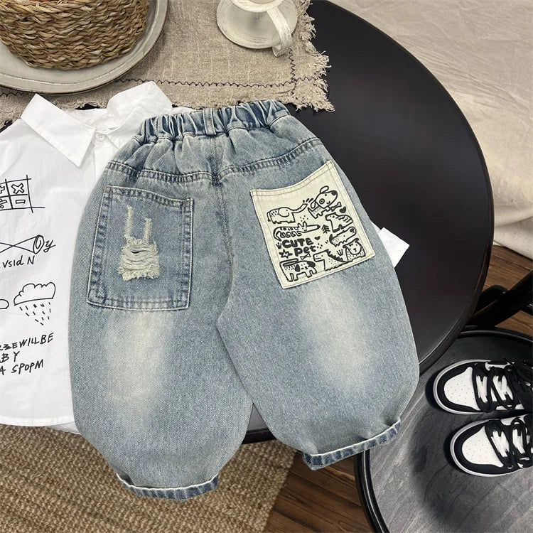 Boys Jean Pants Long Trousers Denim 2024 Blue Spring Autumn Baby's Kids Sport Teenagers Birthday Christmas Gift Children's Cloth