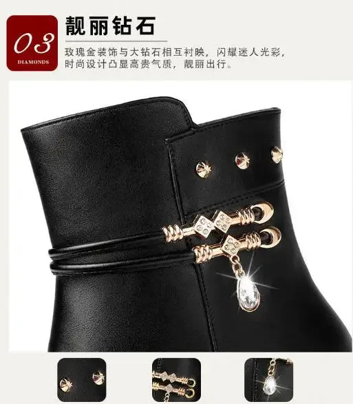 Solid Black NEW Women Luxury Brand Designer Snow Boots Metal Classic Furry Winter Warm Shoes Female Ankle Boot Women Botas Mujer