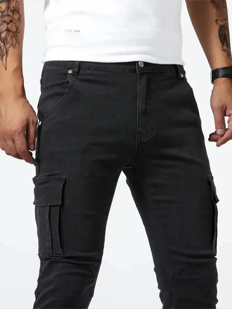 2025 Street Elastic Jeans Men Denim Cargo Pants Wash Solid Color Multi Pockets Casual Mid Waist Trousers Slim Daily Wear Joggers