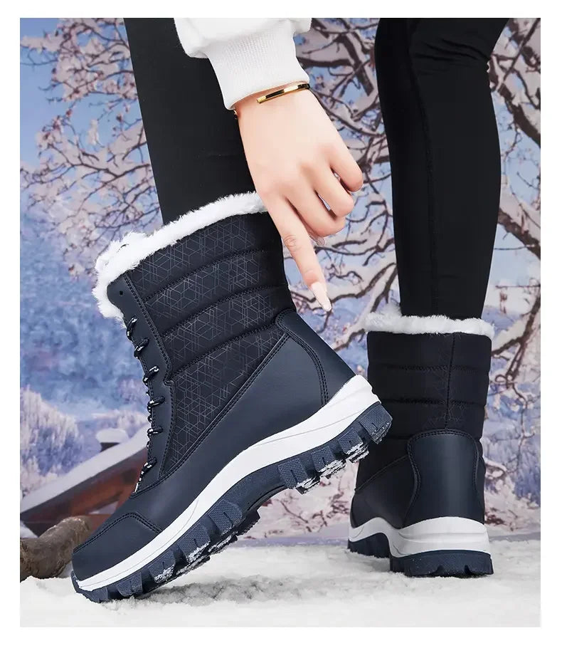 Winter Women's Waterproof High Heel Boots Strap Up Flat Heel Boots Warm Snow Shoes, Plush Outdoor Fashion Casual Boots