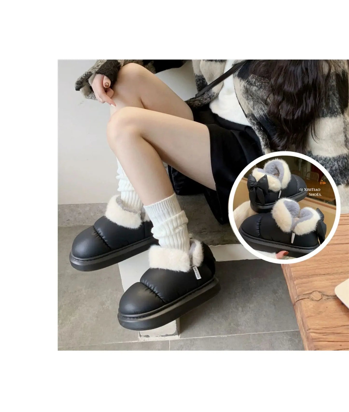Bow Knot Short Ankle Snow Boots Women Winter Plush And Thick Insulation Waterproof PU Cotton Household Shoes Home Slipper Women