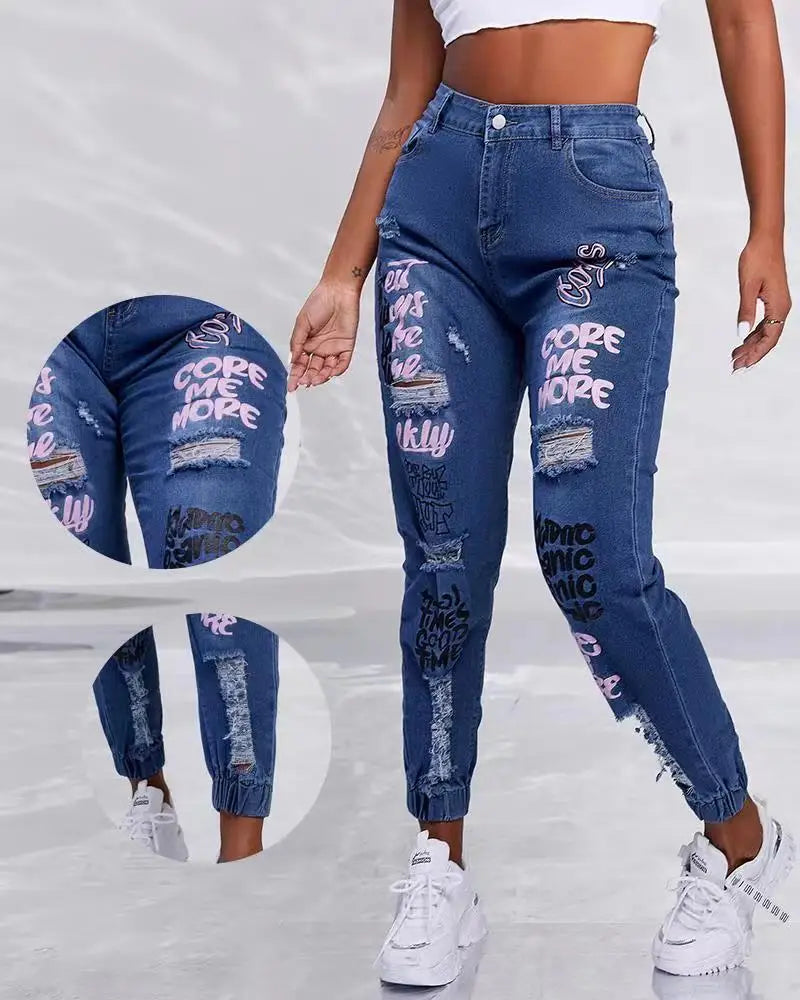 Pantalones vaqueros de mujer hasta los tobillos con estampado, agujeros, lápiz, bolsillos, lavados, ajustados, básicos, cierre de cremallera, primavera, planos, ligeramente elásticos.