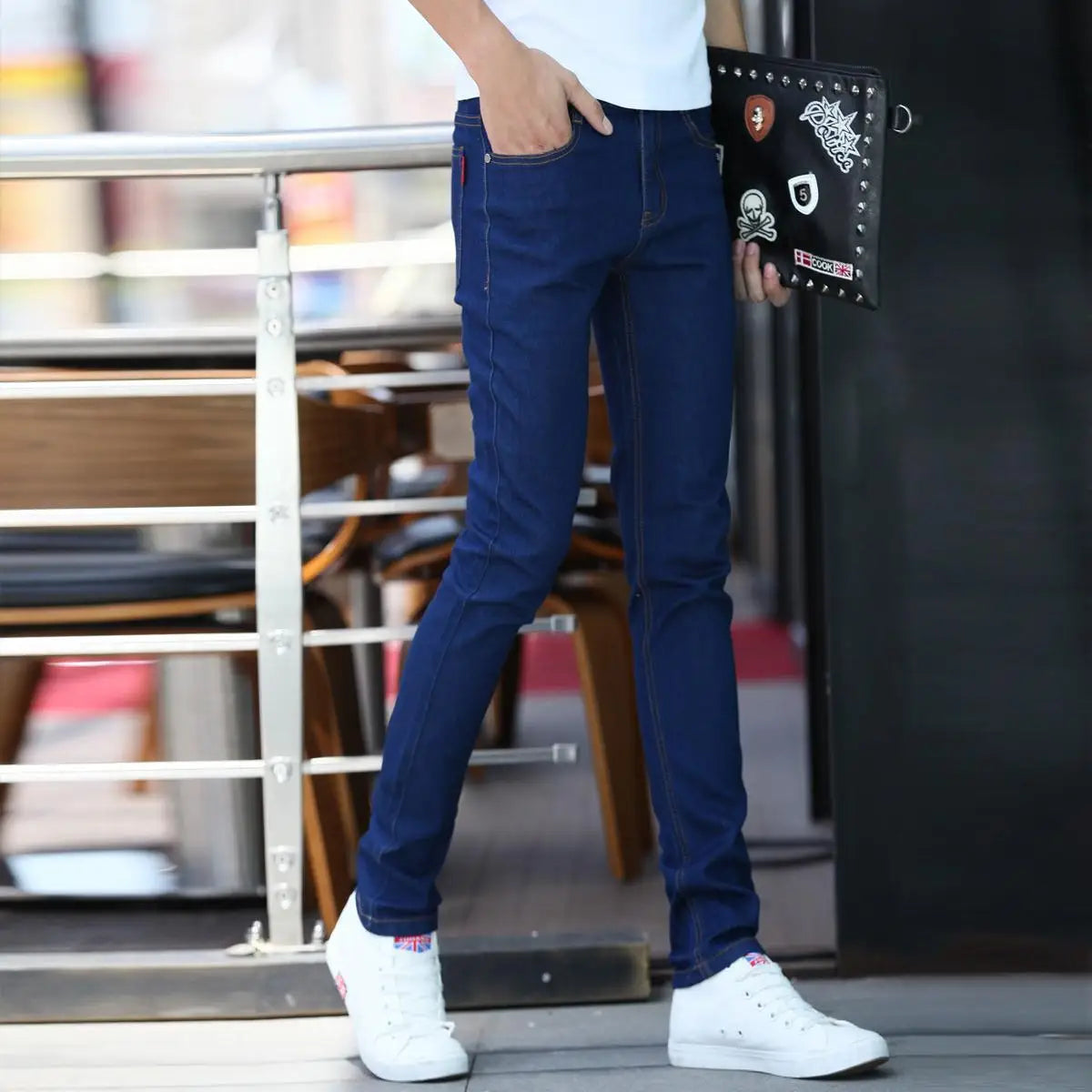Pantalones vaqueros ajustados de estilo coreano para hombre, de lujo, para la nieve, para jóvenes, para primavera y otoño, informales, de algodón