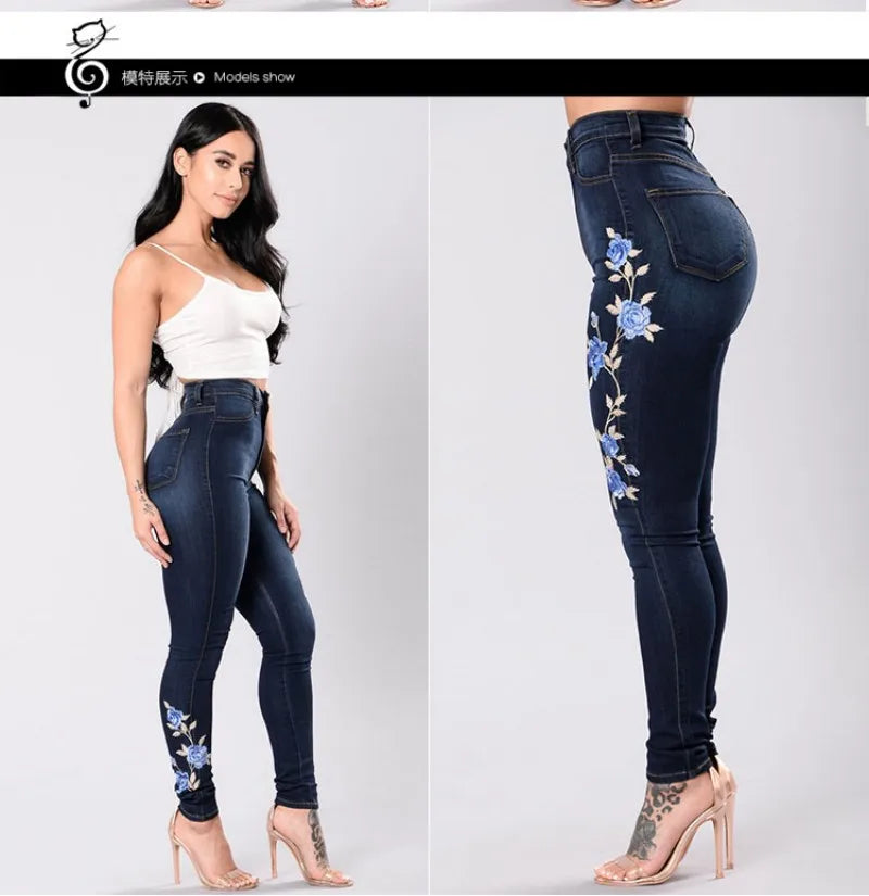 2023 New Women's High Waist Embroidered Jeans Fashion Slim Stretch Denim Pencil Pants Street Trendy Trousers S-3XL Drop Shipping