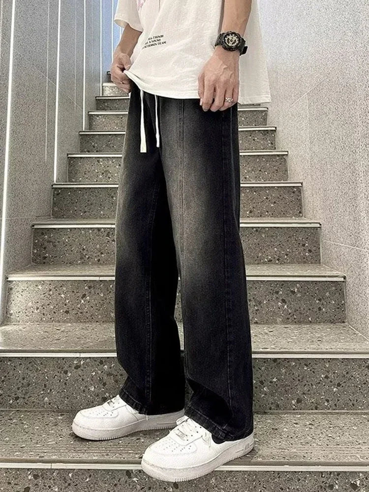 New Korean Fashion Baggy Jeans For Men Classic Drawstring Straight Denim Pants Y2K Vintage Jean Streetwear Wide-leg Trousers