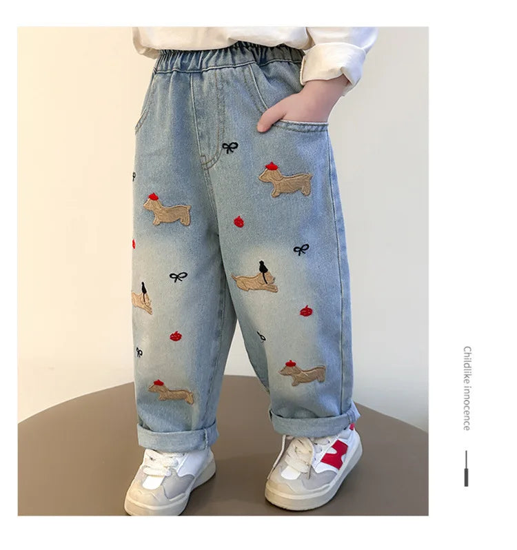 2025 New Girls Jeans Loose Straight Leg Pants for Toddler Baby Casual Wear Spring Autumn