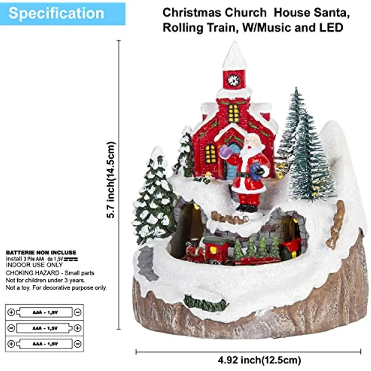 Christmas Village Decoration with Moving Train & Santa Claus - LED Light-Up Musical Indoor Holiday Display Church House Theme