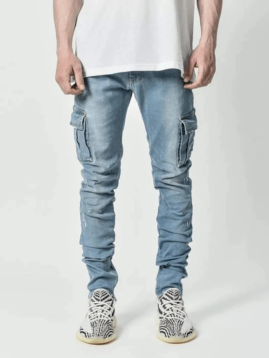 Pantalones vaqueros elásticos de calle para hombre, pantalones cargo de mezclilla lavados, de color sólido, con múltiples bolsillos, pantalones casuales de cintura media, ajustados, para uso diario, para correr