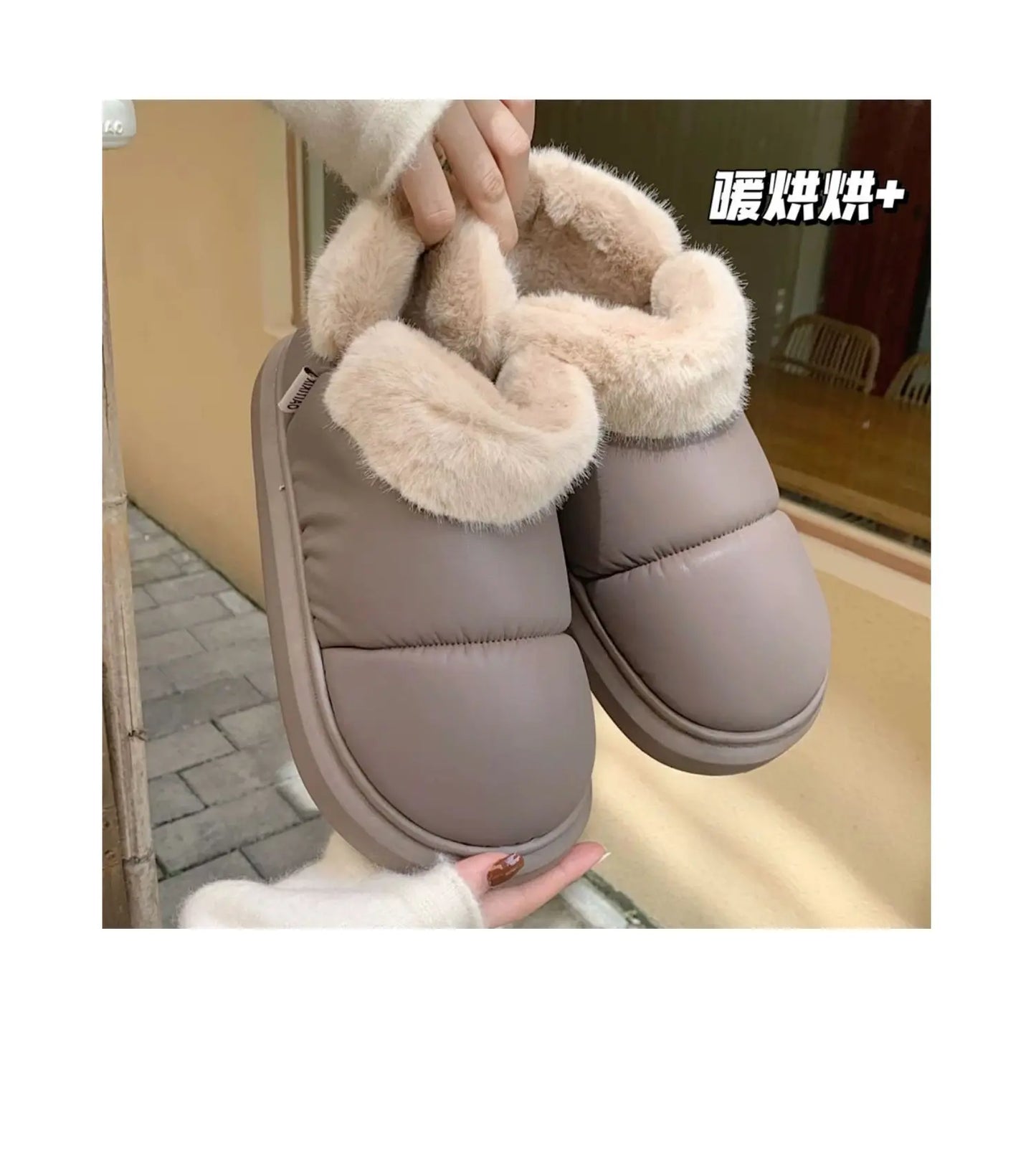 Bow Knot Short Ankle Snow Boots Women Winter Plush And Thick Insulation Waterproof PU Cotton Household Shoes Home Slipper Women