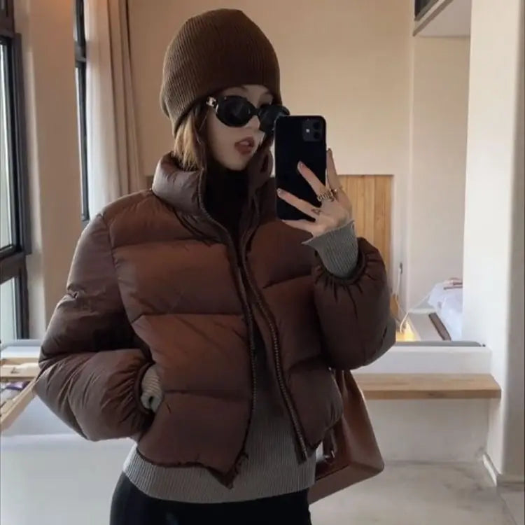 Women's Winter New Solid Color Stand Collar Short Cotton-padded Jacket, Korean Version Loose Casual High Waist  Bread Served