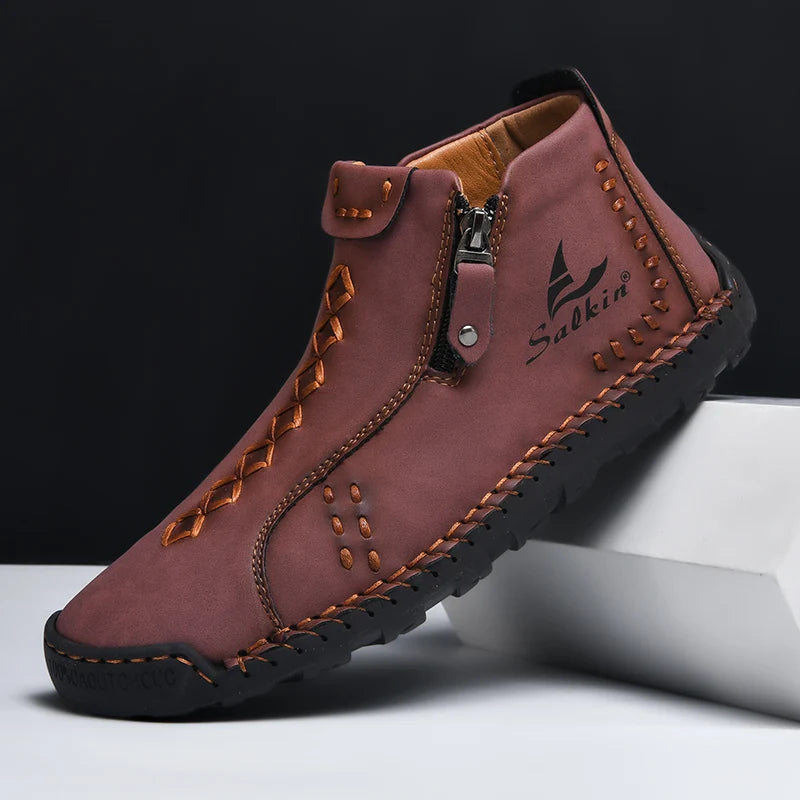 Nuevas botas de invierno hechas a mano en piel para hombre, con diseño de cremallera, transpirables, informales, de piel, botines para hombre, para exteriores