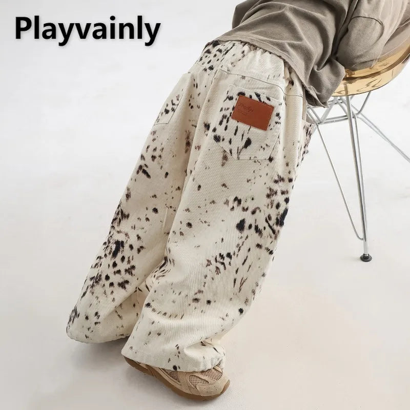 Korean Style 2-8Y Boys Jeans Spring Autumn Kids Apricot Leopard Print Casual Wide Leg Pants Children Versatile Trousers A05038