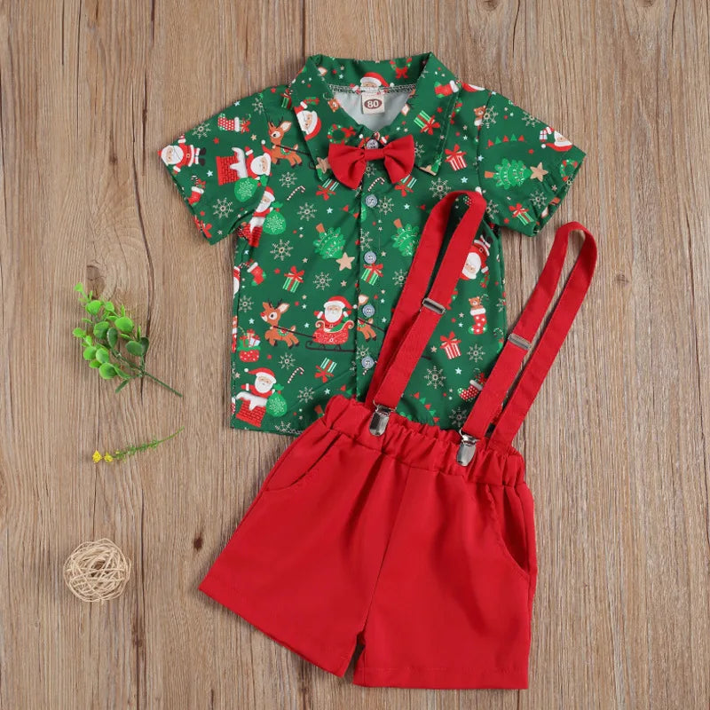 Ensemble de Noël pour bébé garçon de 1 à 6 ans : chemise à manches courtes avec nœud papillon et bretelles, short assorti.