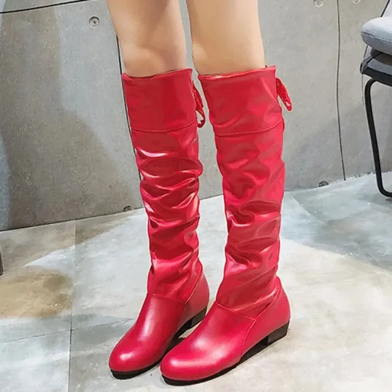 New Fashion Woman’s Autumn Winter Boots Female Stretch PU Leather Shoes Woman Red White Roma Style Knee-Length Plus Size 43