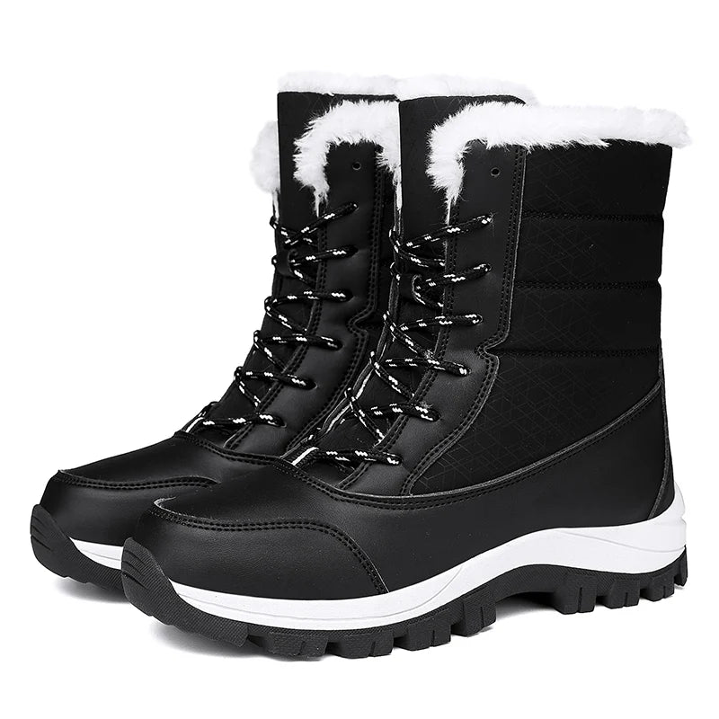 Winter Women's Waterproof High Heel Boots Strap Up Flat Heel Boots Warm Snow Shoes, Plush Outdoor Fashion Casual Boots