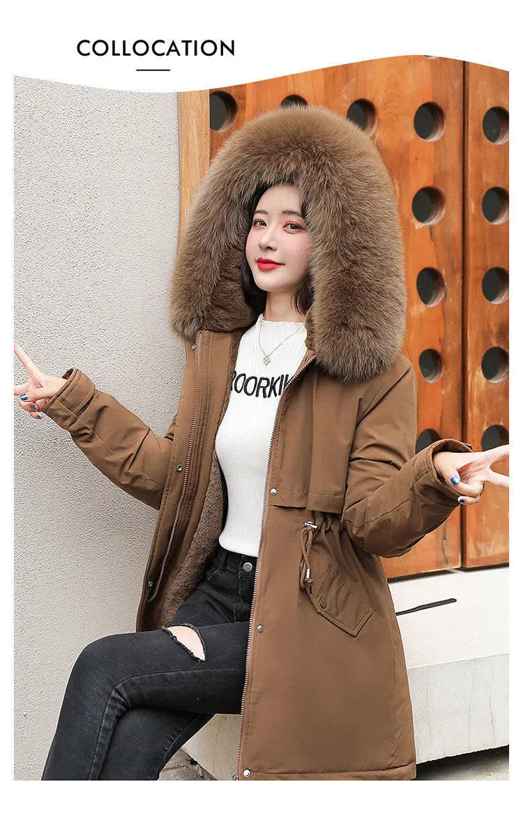 Spring Parkas Women Coats Mid Length Coat Thick Warm Hooded Drawstring Jackets Splice Zipper Tight Waist Jacket Autumn Winter