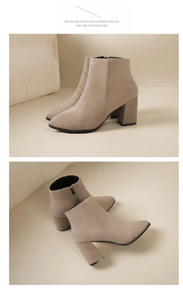 Nuevas botas sencillas de tacón cuadrado con cremallera lateral y tacón alto de ante puntiagudo para mujer.