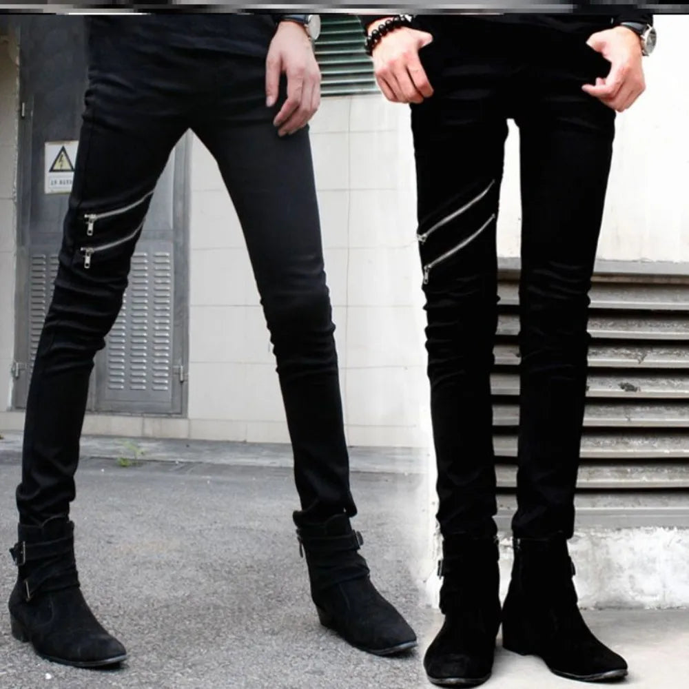 Pantalones vaqueros casuales con cremallera de diseñador para hombre, pantalones vaqueros de mezclilla, primavera y otoño 2024, nuevos pantalones de tubo elásticos negros ajustados de moda coreana para hombre