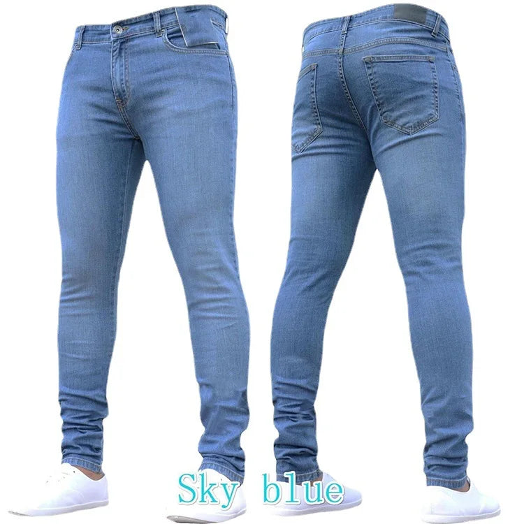 Pantalones vaqueros para hombre, color liso, cintura media, ajustados, bolsillos, ligeramente elásticos, primavera 2024, largos hasta los tobillos, informales, con cremallera