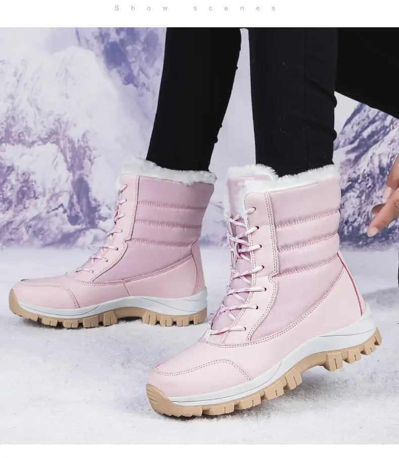 Winter Women's Waterproof High Heel Boots Strap Up Flat Heel Boots Warm Snow Shoes, Plush Outdoor Fashion Casual Boots