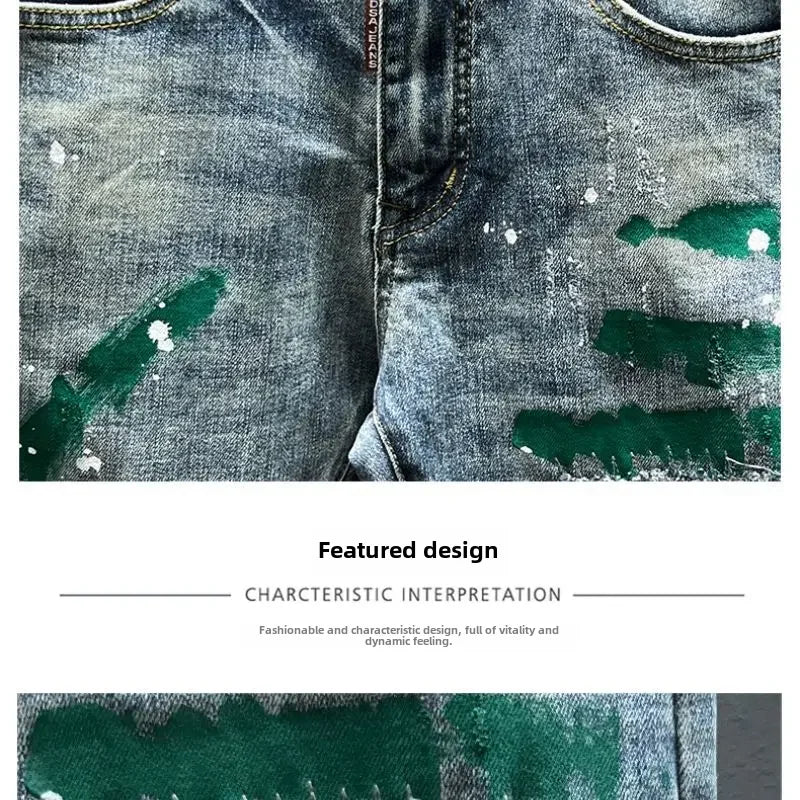 Trendy Jeans Men's Slim Fit Autumn 2024 New Style Ripped Punk Denim Pants Versatile Stretchy Little Shorts For Men