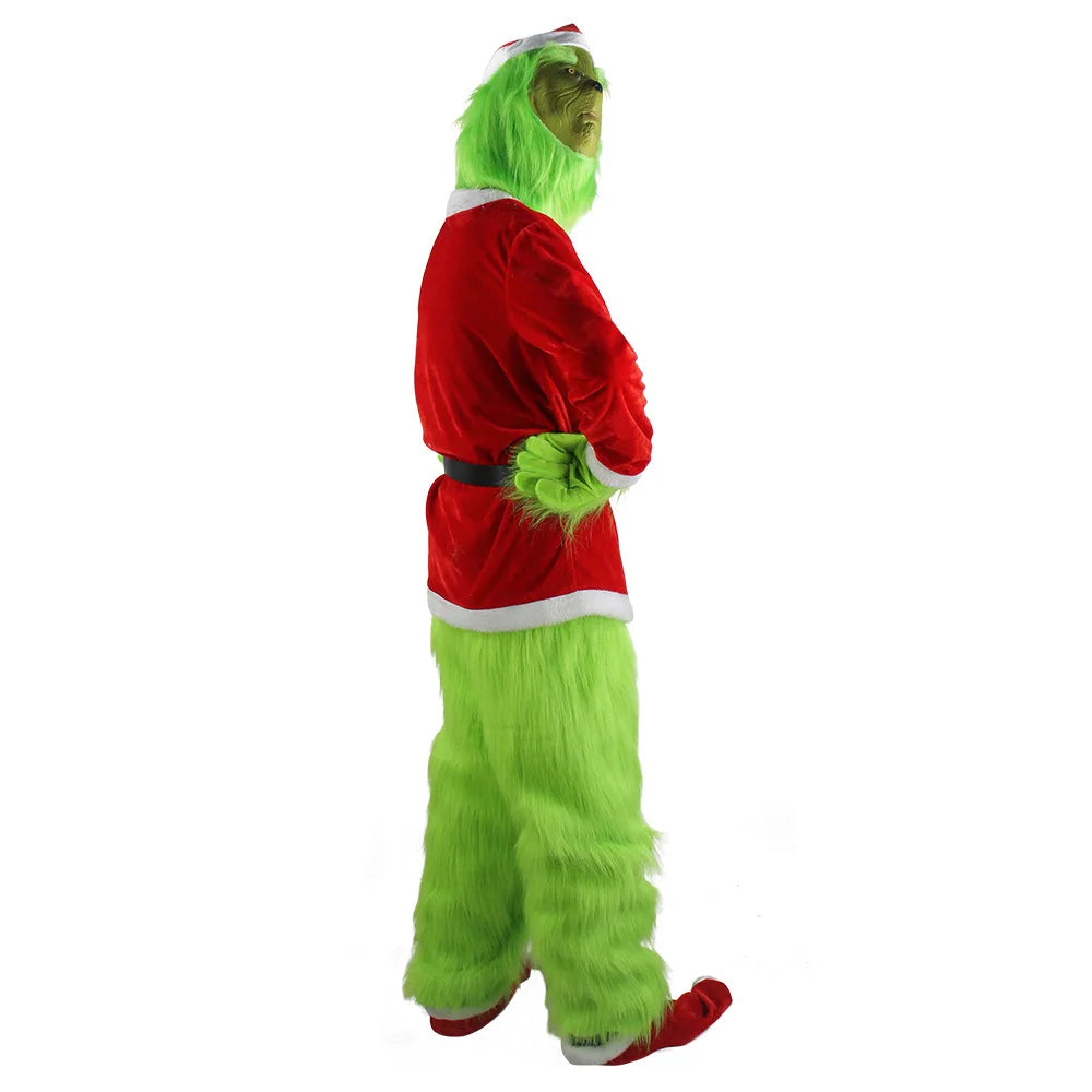 Disfraz de Grinch para Navidad: Máscara de peluche, pantalones, guantes, gorro rojo de Papá Noel, camiseta, calcetines. ¡Regalo perfecto para Navidad!
