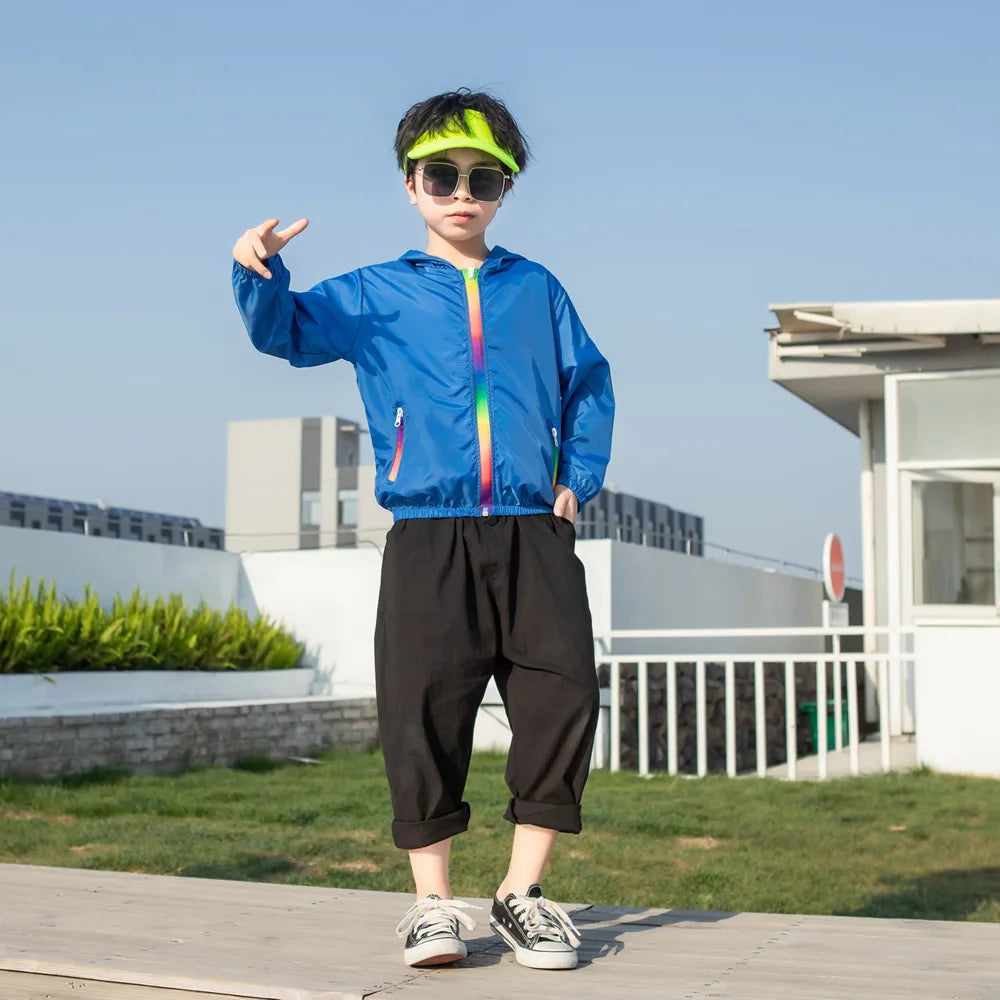 Children's Summer Thin Sun-protective Jacket Boys Girls Breathable Hooded Zipper Solid Lightweight Coat Jackets Clothing