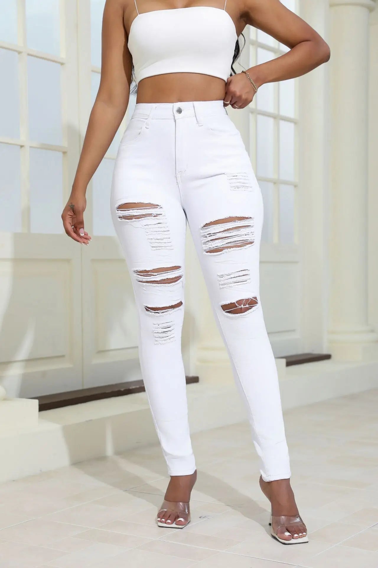 Pantalones vaqueros sexys de cintura alta con agujeros, elásticos, rotos, blancos y negros, para mujer. Vaqueros rotos para mujer.