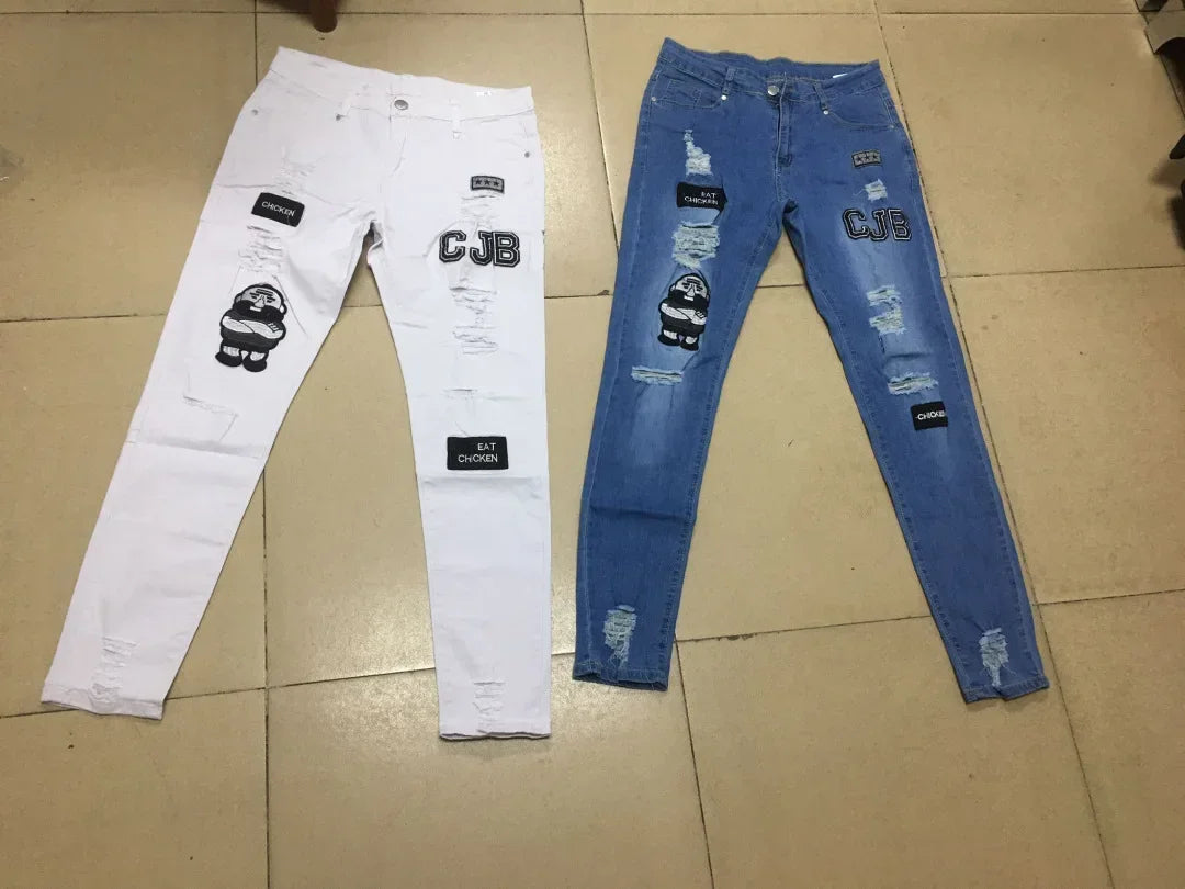 Punk Denim Pants Men Jeans Skinny Ripped Hole Patchwork Slim Pencil Denim Hip Pop Trousers Autumn Plus Size Streetwear Men's