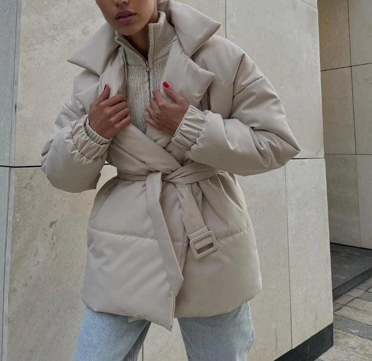 Autumn Women's Clothes with Thick Collars and Waist Cinched Cotton Jackets Look Slim Solid Color Cotton Jackets for Women